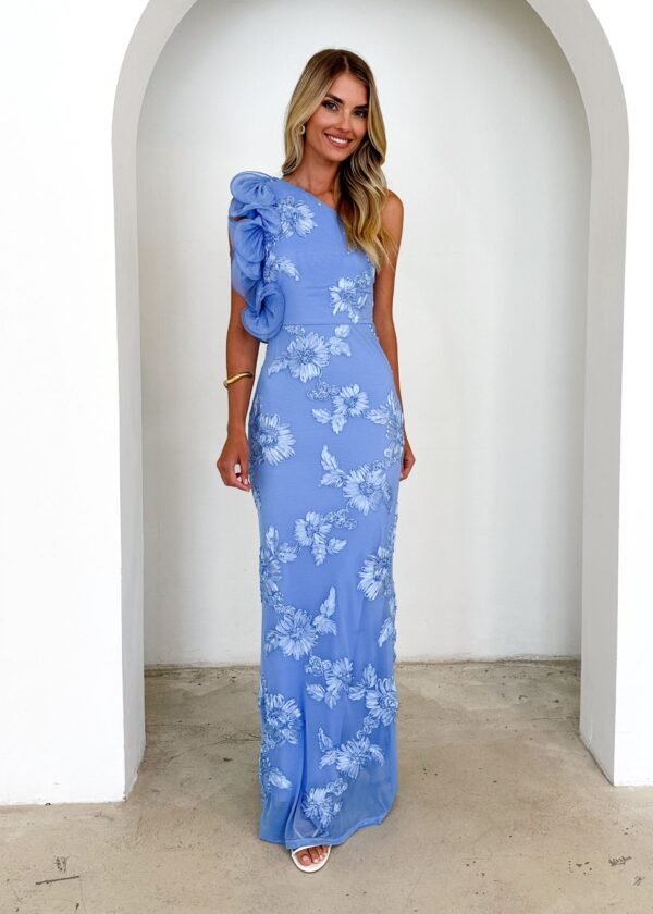 Trilby One Shoulder Mesh Maxi Dress - Blue Floral - Image 4