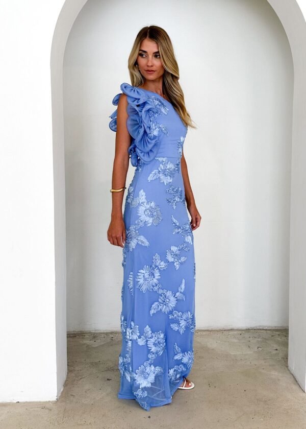 Trilby One Shoulder Mesh Maxi Dress - Blue Floral - Image 5