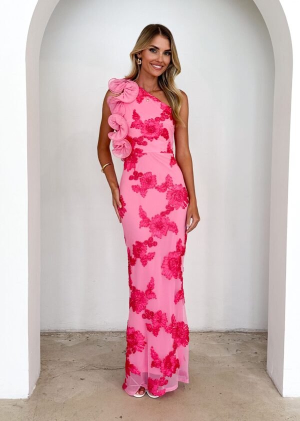 Trilby One Shoulder Mesh Maxi Dress - Pink Floral - Image 4