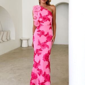 Trilby One Shoulder Mesh Maxi Dress - Pink Floral