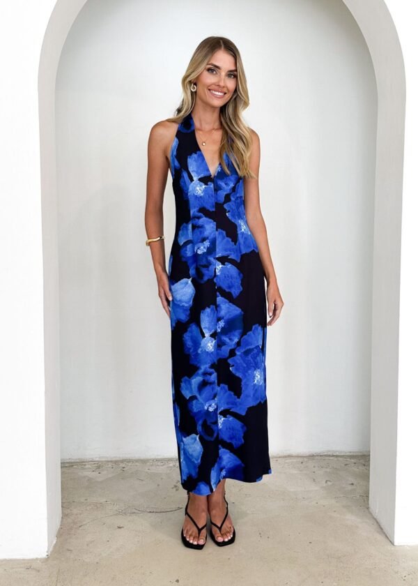 Tibetan Halter Maxi Dress - Blue Floral - Image 4