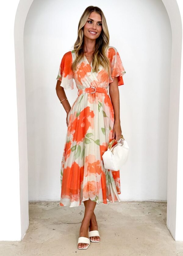 Zanzibar Midi Dress - Orange Watercolour - Image 4