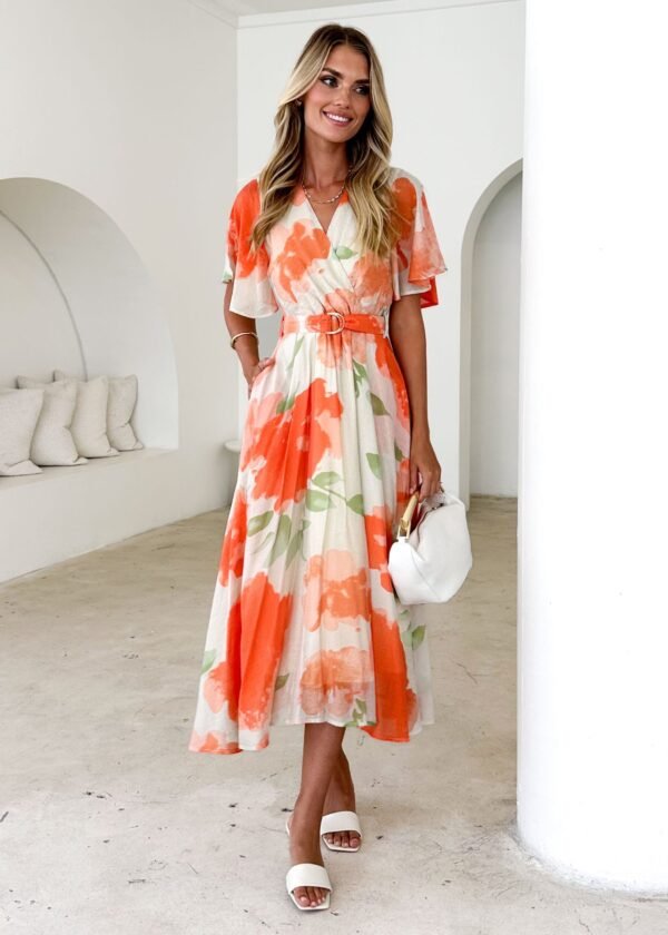 Zanzibar Midi Dress - Orange Watercolour