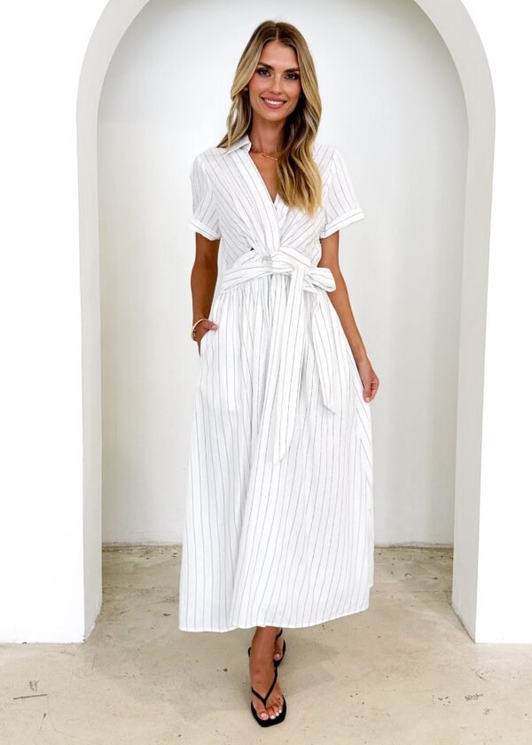 Santana Midi Dress - White Pinstripe - Image 4