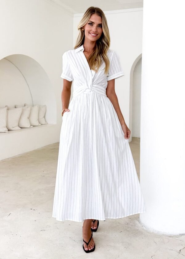 Santana Midi Dress - White Pinstripe - Image 2