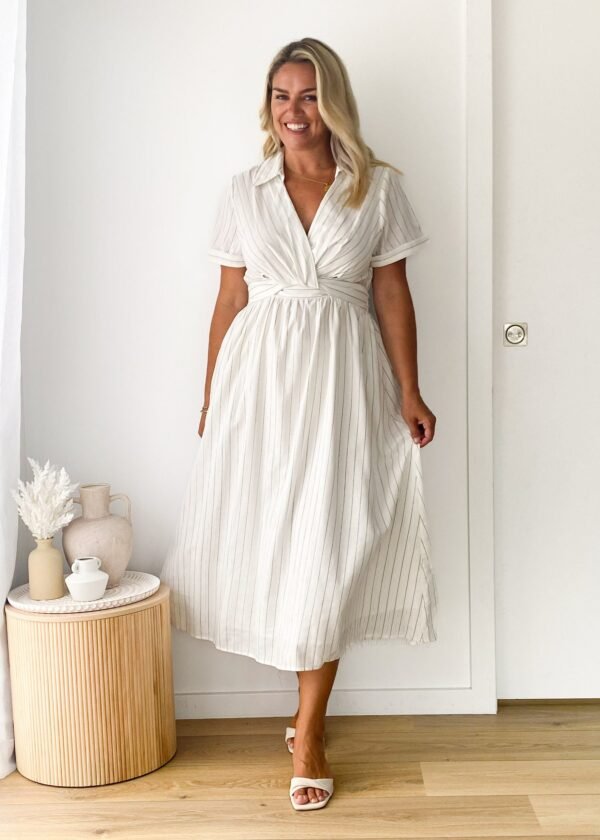 Santana Midi Dress - White Pinstripe - Image 3